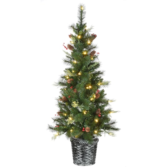 5ft. Buzzard Pine Artificial Christmas Tree in Woven Planter, Warm White LED Lights